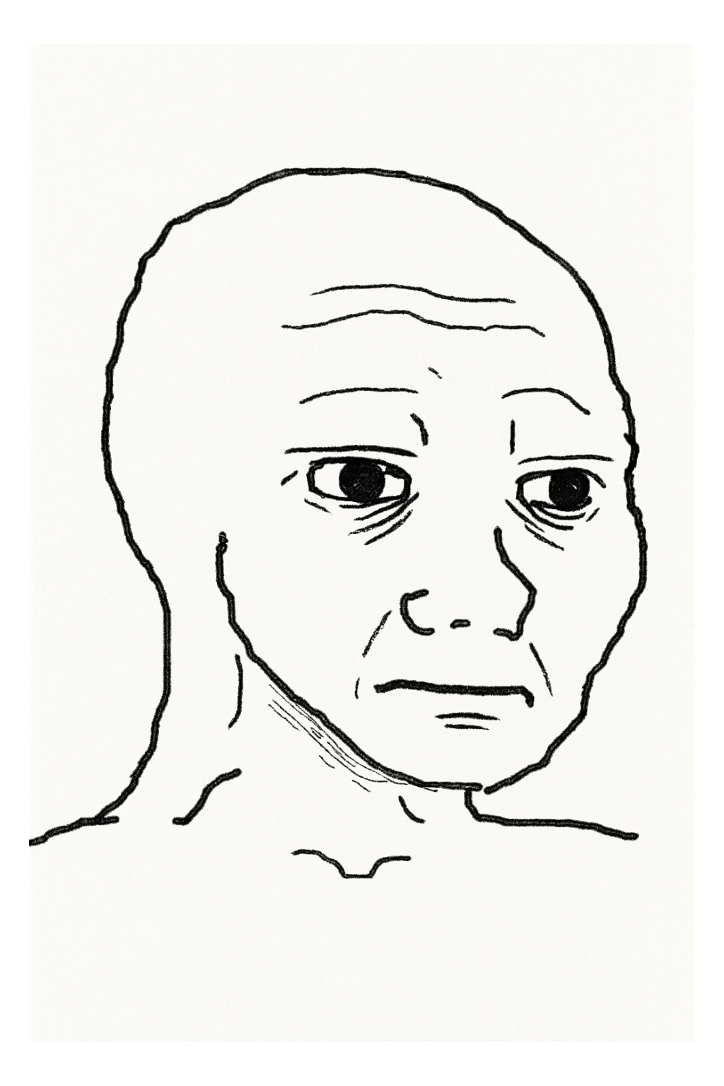 classic Wojak meme face, simple black outline, white fill, neutral expression sticker