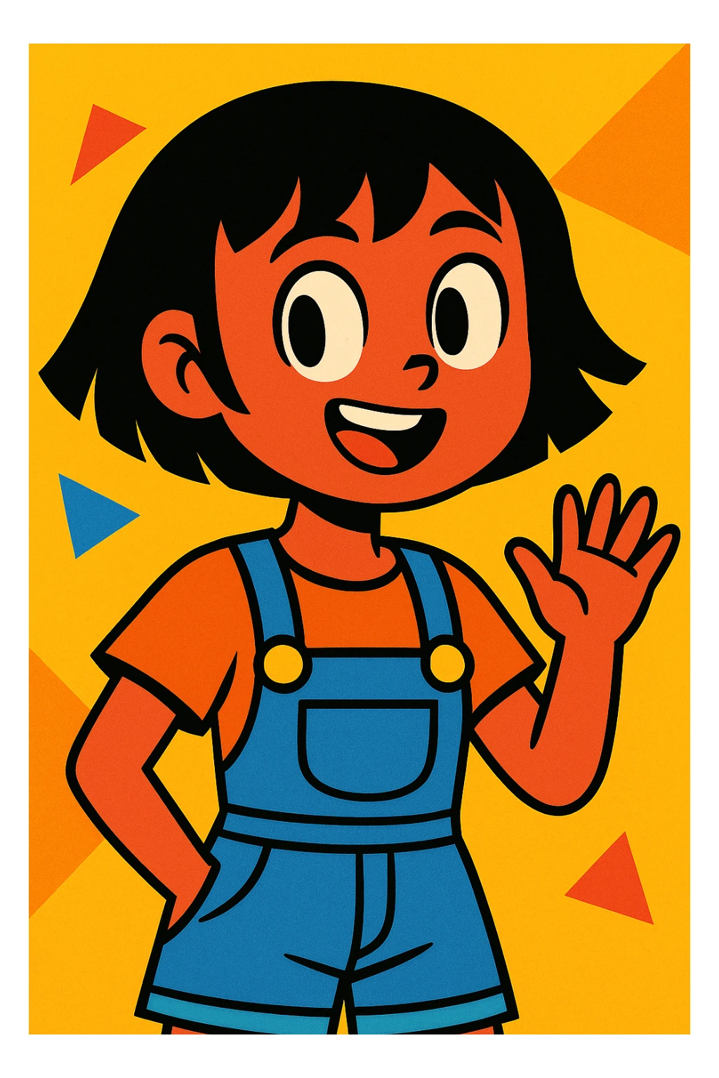 girl with short black hair, vibrant cartoon style sticker