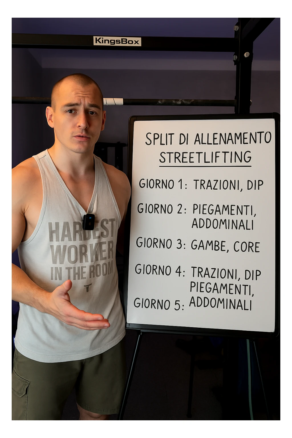 uomo che spiega alla lavagna la "Split di Allenamento" per lo streetlifting. tutto in italiano sticker