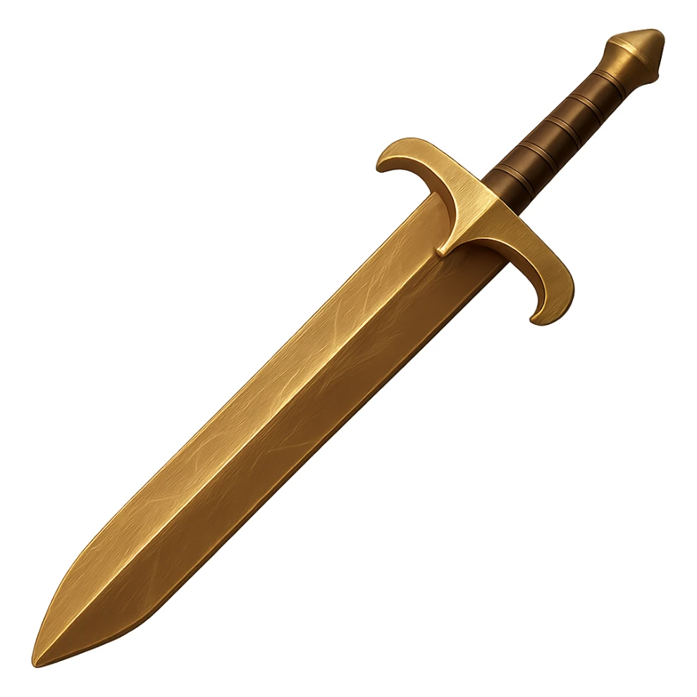 Make the greatsword look more metallic and bronze, with a shiny bronze finish and visible wear and scratches. Remove any gems. The style should resemble emoji style with a transparent background. sticker