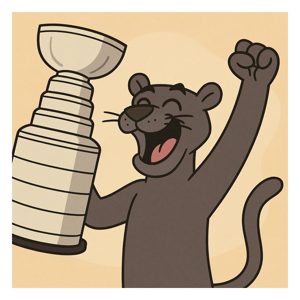 cartoon panther holding the Stanley Cup trophy and cheering sticker