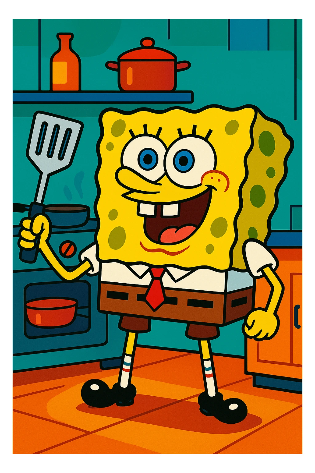 SpongeBob SquarePants, holding a spatula, ready to cook, yellow sponge, cartoon, white shirt, brown pants, kitchen background sticker