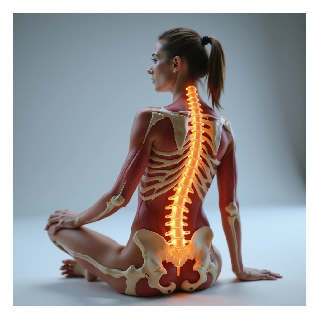 hyperrealistic 4K anatomical view of a seated woman, highlighting the sciatic nerve: sciatic nerve visible from lumbar area to leg, muscles and bones visible, neutral background sticker