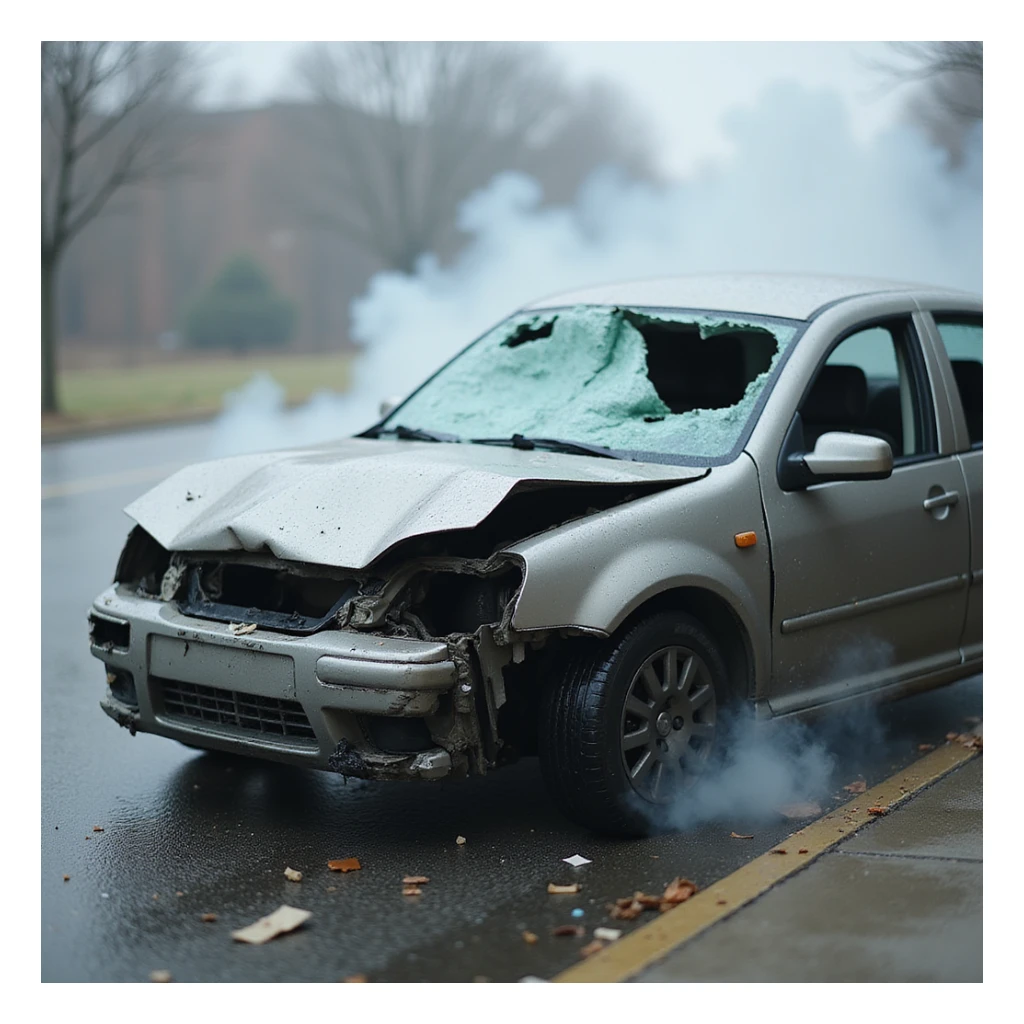 a badly damaged car, crumpled and dented, broken windows, smoke rising, realistic details sticker