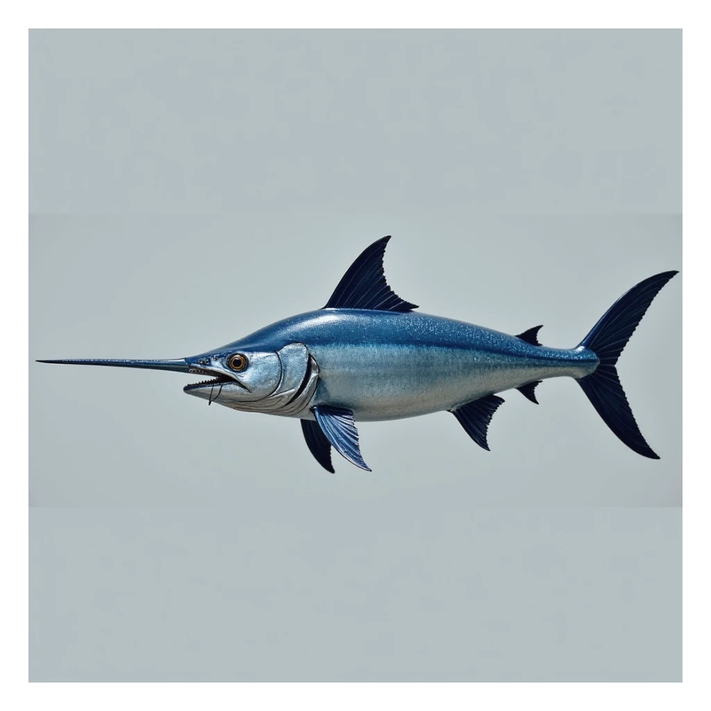 realistic swordfish with detailed fins and long bill, blue and silver colors sticker