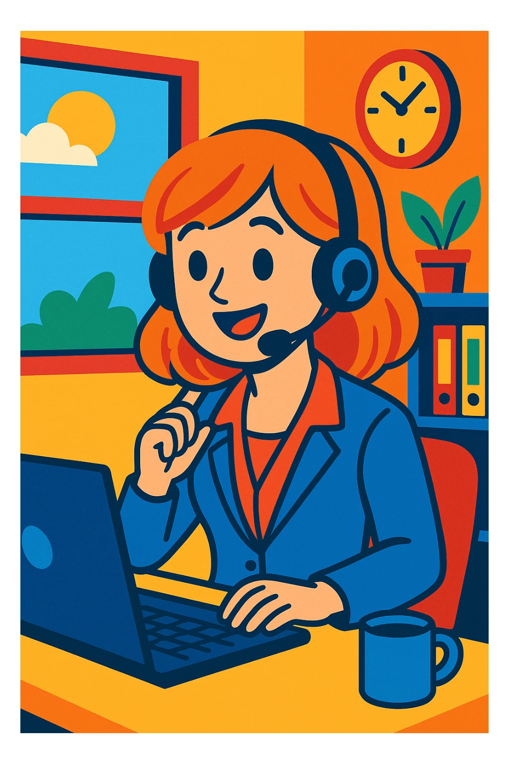 office girl with a headset, answering calls, vibrant toon style sticker