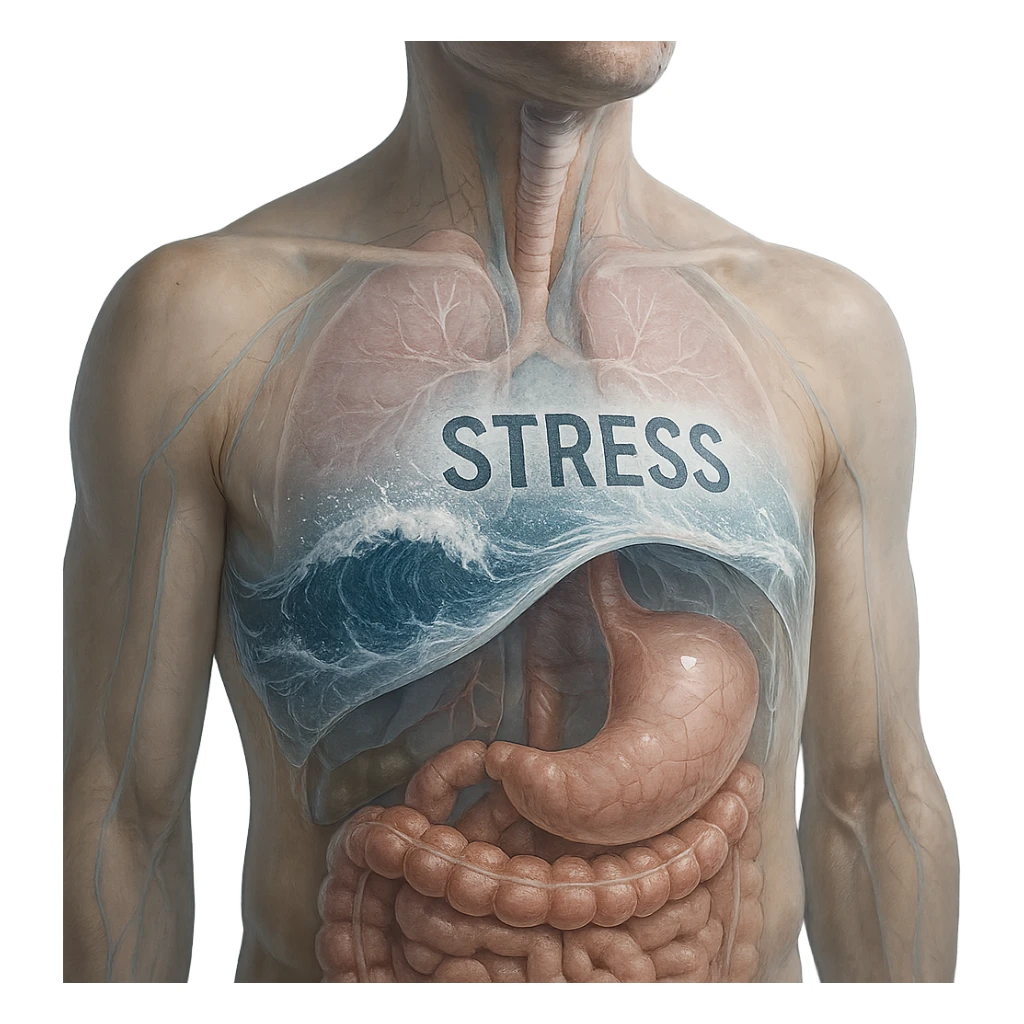 hyper realistic image of diaphragm acting as a barrier against stress, anatomical details, stress waves crashing on diaphragm, transparency effect showing inside, clinical environment, cool tones sticker