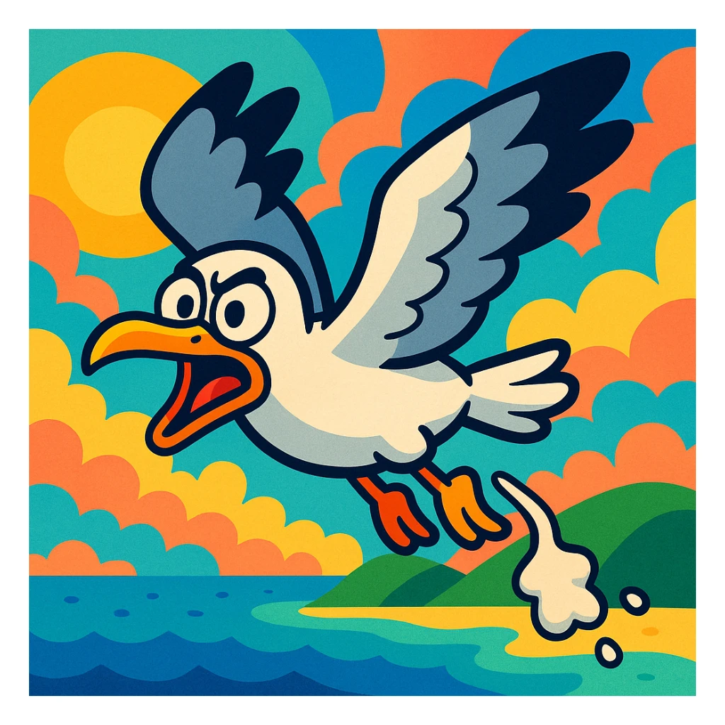 a seagull flying while pooping, cartoon style, expressive face, colorful background sticker