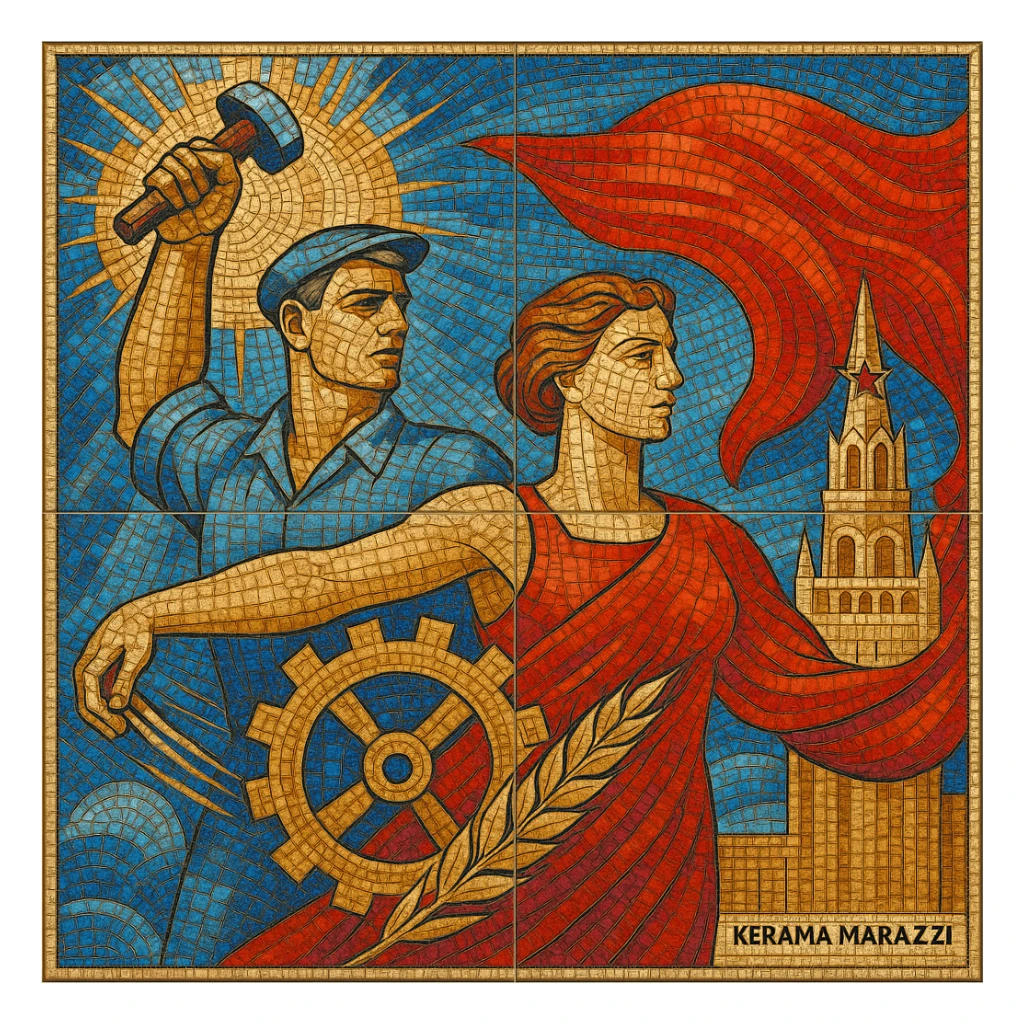 Soviet mosaic artwork reimagined as a modern Kerama Marazzi tile, detailed and colorful sticker