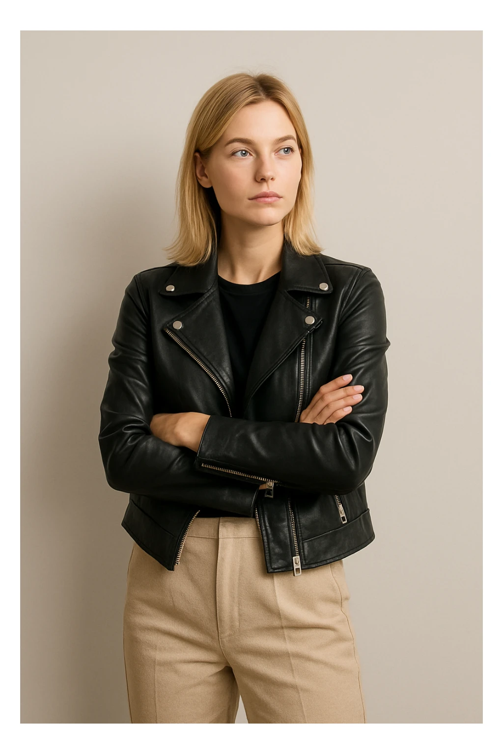 a blonde lady standing with arms crossed, waiting, modern look sticker