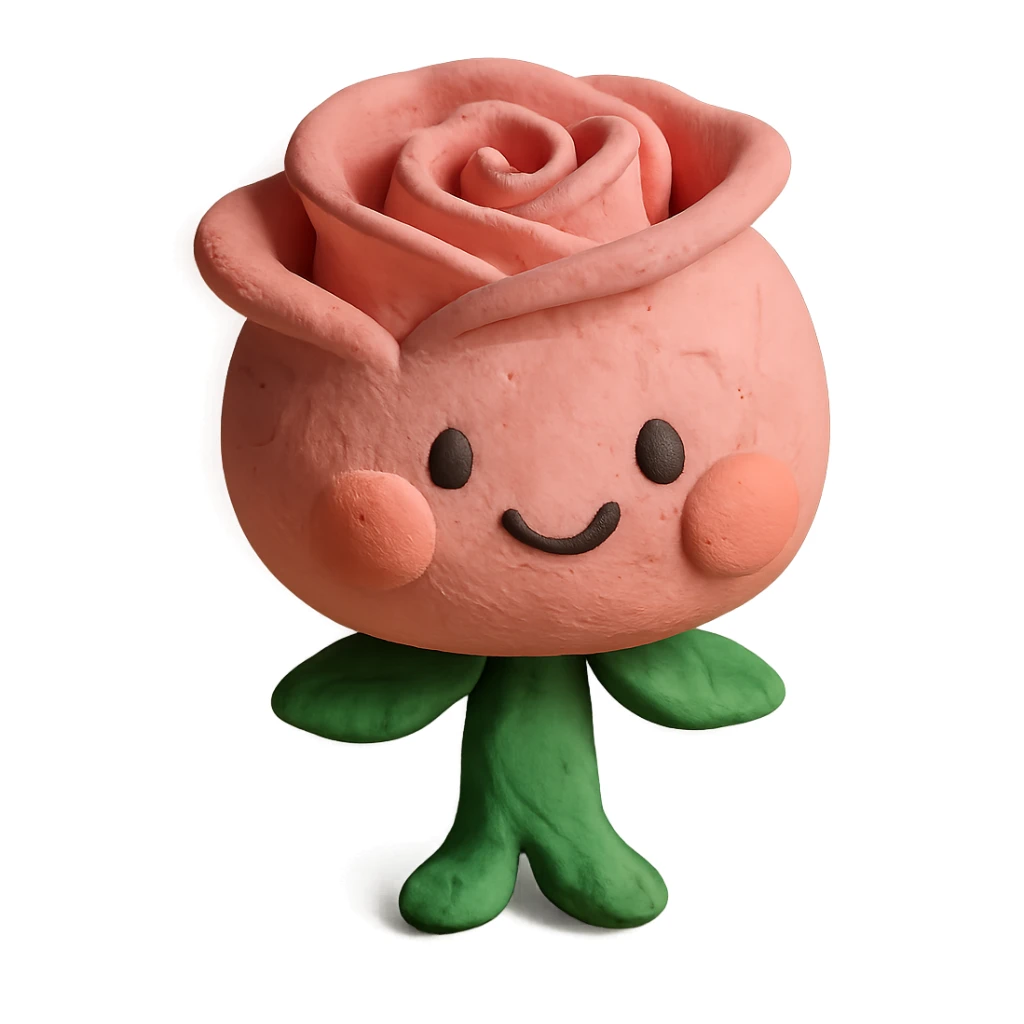 claymation chibi rose character, tiny stem body, oversized head, soft pastel pink, super cute puffed cheeks, happy face sticker