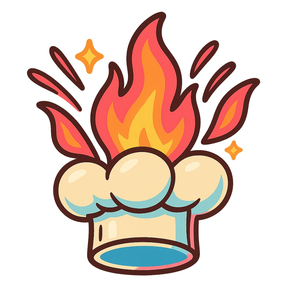 chef's hat explode with trails of fires, toon, playful, magic flame neon orange to neon pink gradient, vibrant, flame matching style reference file sticker