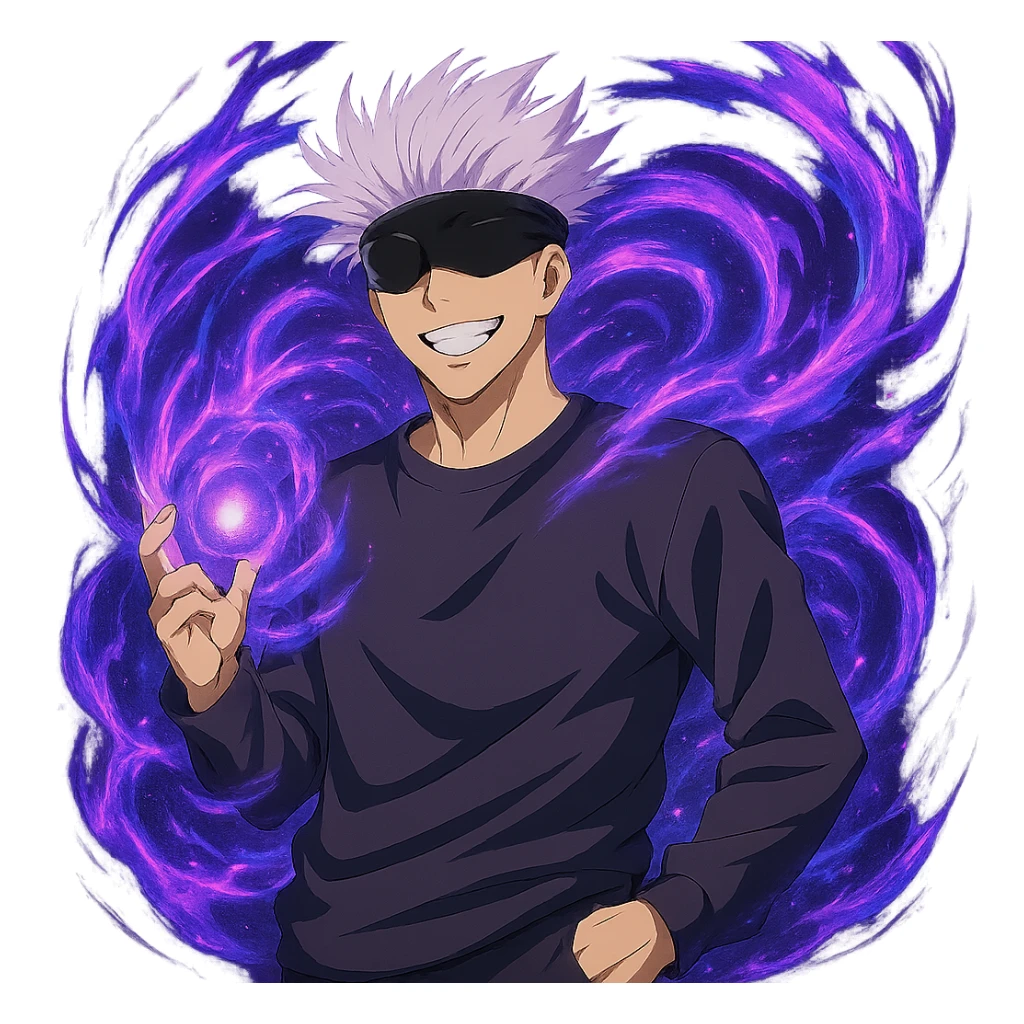 Add Hollow Purple effect with swirling purple and blue energy around Gojo Satoru, keeping his smiling casual pose, in anime style, no background. sticker