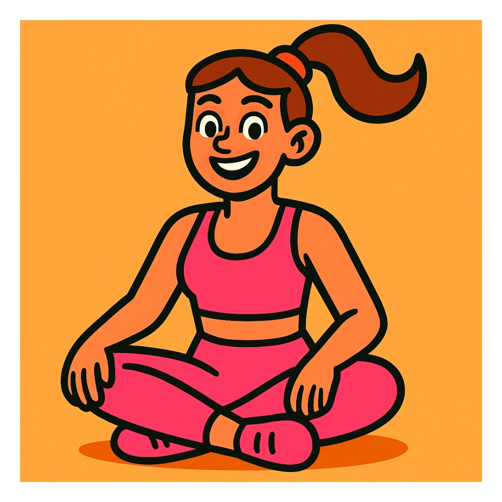 woman sitting cross legged in a pink workout set, vibrant toon style, cheerful expression sticker