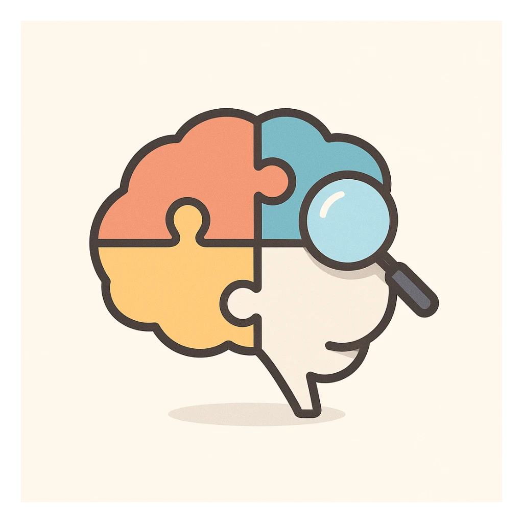 brain with a puzzle, one piece highlighted, symbolizing search for solutions and self-discovery, 2D isometric style, simple shape, clear shadows and highlights sticker