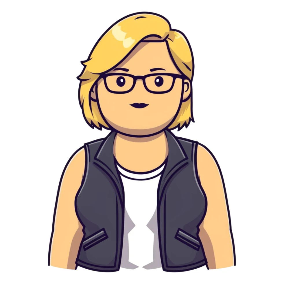Plus size blonde person with glasses wearing a stylish vest sticker