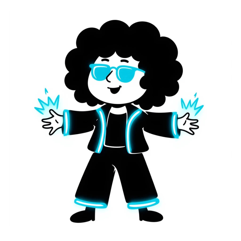 Cabbage Patch Kid dressed as Tron character with neon accessories, 80's retro sci-fi style sticker