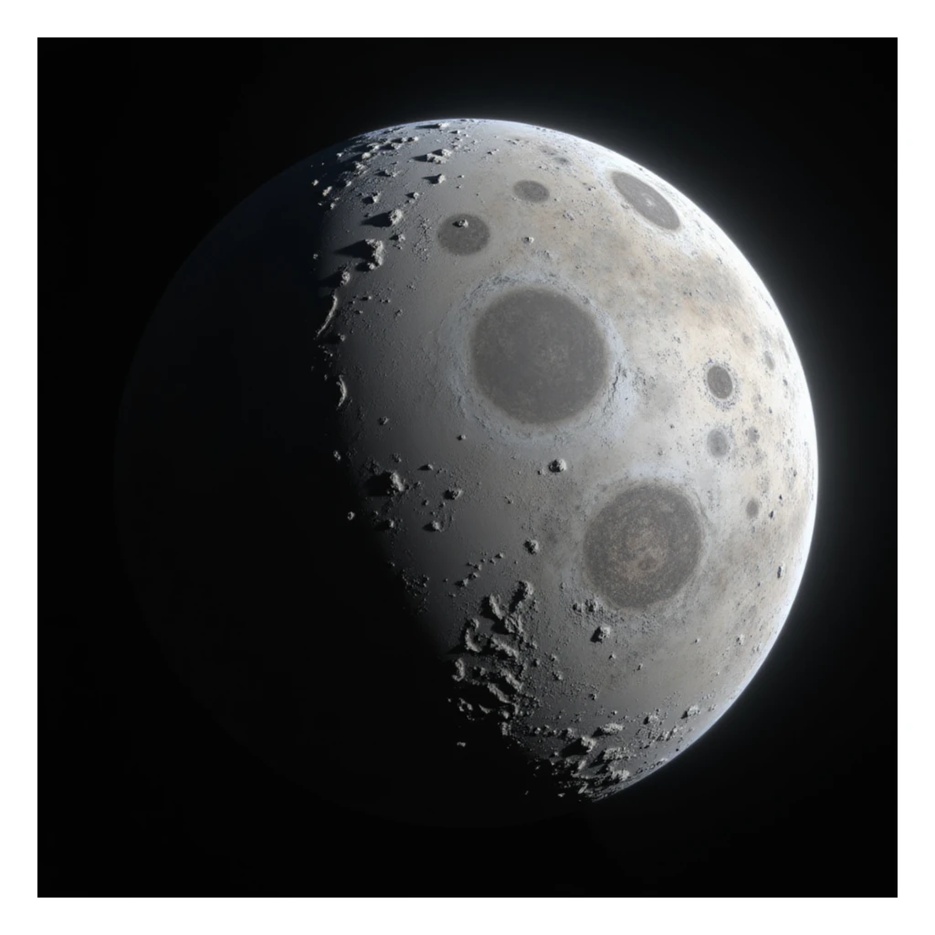 planet Mercury, round, rocky gray ball, covered in pitted marks and rough patches, realistic, illuminated edge, deep shadows, space background sticker