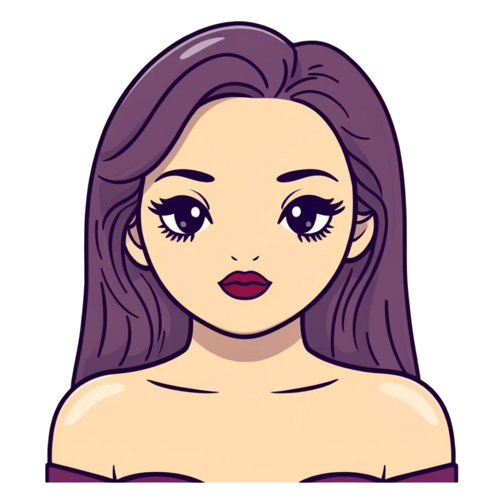 White girl with long oval face, huge round black eyes, big eyelashes, heather berry colored lips, shiny full lips, face closeup with bare shoulders, long straight middle-parted hair sticker