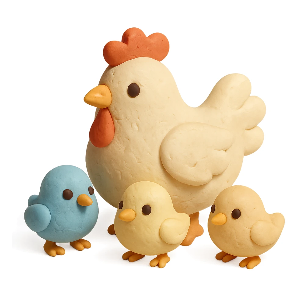 hen with baby chicks, soft pastel colors, visible fingerprints, matte plasticine look sticker