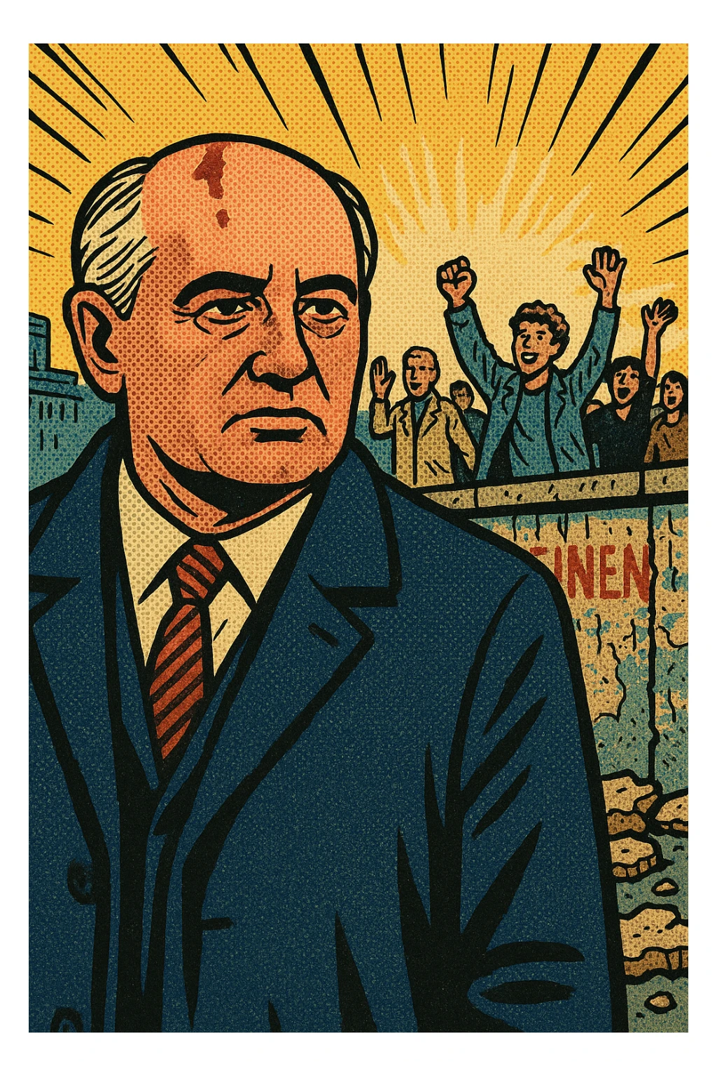 Mikhail Gorbachev standing in front of the Berlin Wall in 1989 which has fallen down.  There are people cheering in the background walking from East Berlin to West Berlin. sticker