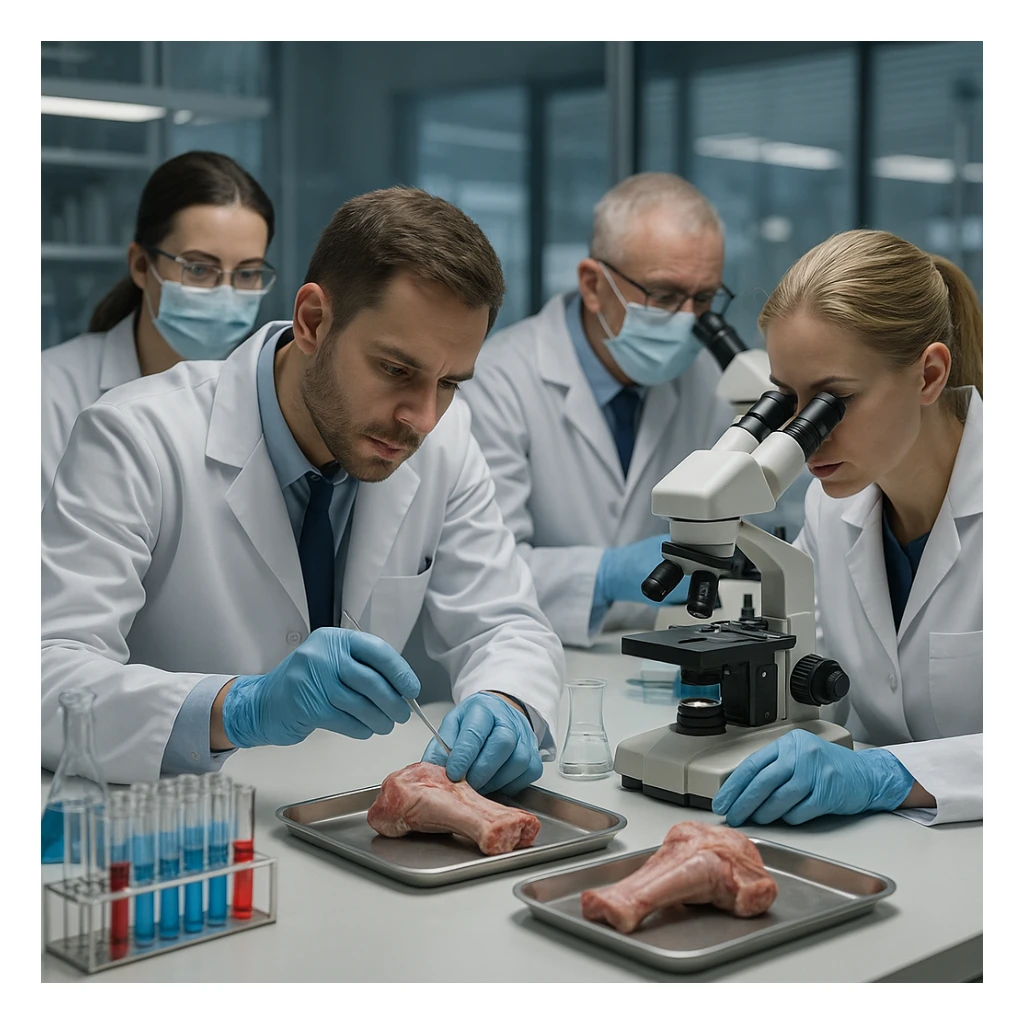 research laboratory with a medical team analyzing and preparing pig joints for surgical use, microscopes and test tubes on the table, atmosphere of scientific precision, 4K quality sticker