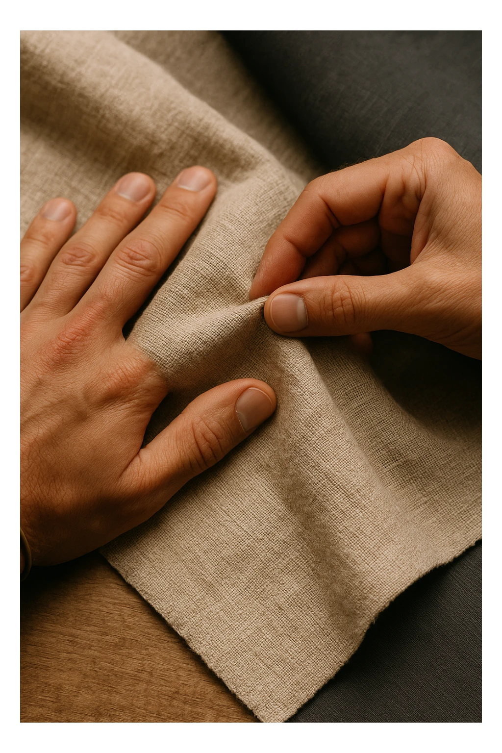 Primo piano di mani che toccano tessuto di lino grezzo, texture naturale dettagliata, colori puri e genuini, luce che rivela la bellezza delle imperfezioni naturali, mentre i sintetici appaiono artificiali e freddi in secondo piano sticker