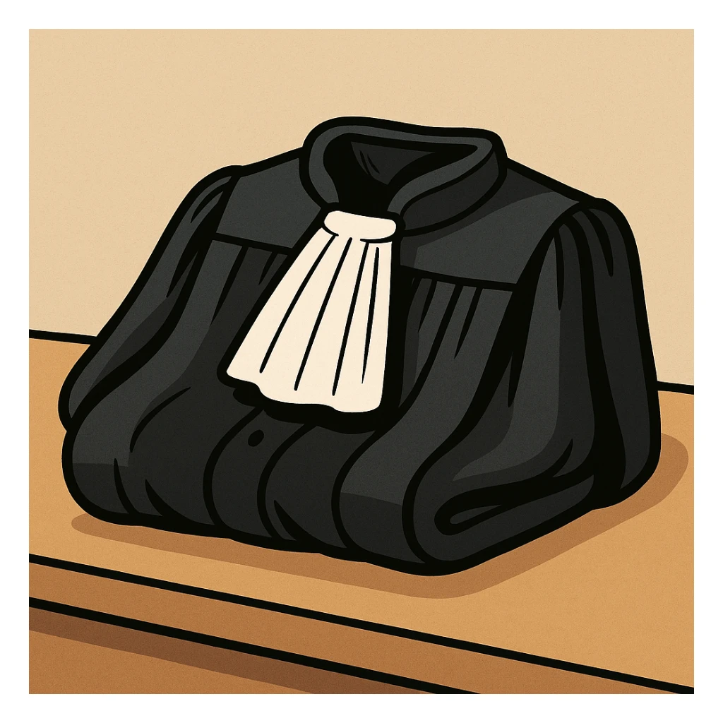 a folded lawyer's robe with visible white collar, resting on a table, minimalistic style sticker