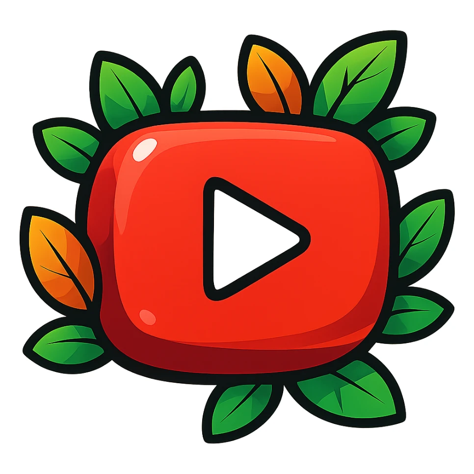 Super soft, chunky YouTube logo in vibrant toon style with thick outline, dramatic solid shadows, shiny graphic highlights, surrounded by vivid leaves, no background. Focus on contours, shadows, and glossy effects, matching the reference style, but keep everything flat and illustrated, not realistic. sticker