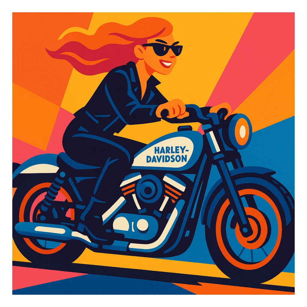 A woman in a black leather jacket and pants on a white and blue Harley Davidson, side view, energetic, modern vibrant toon style illustration sticker