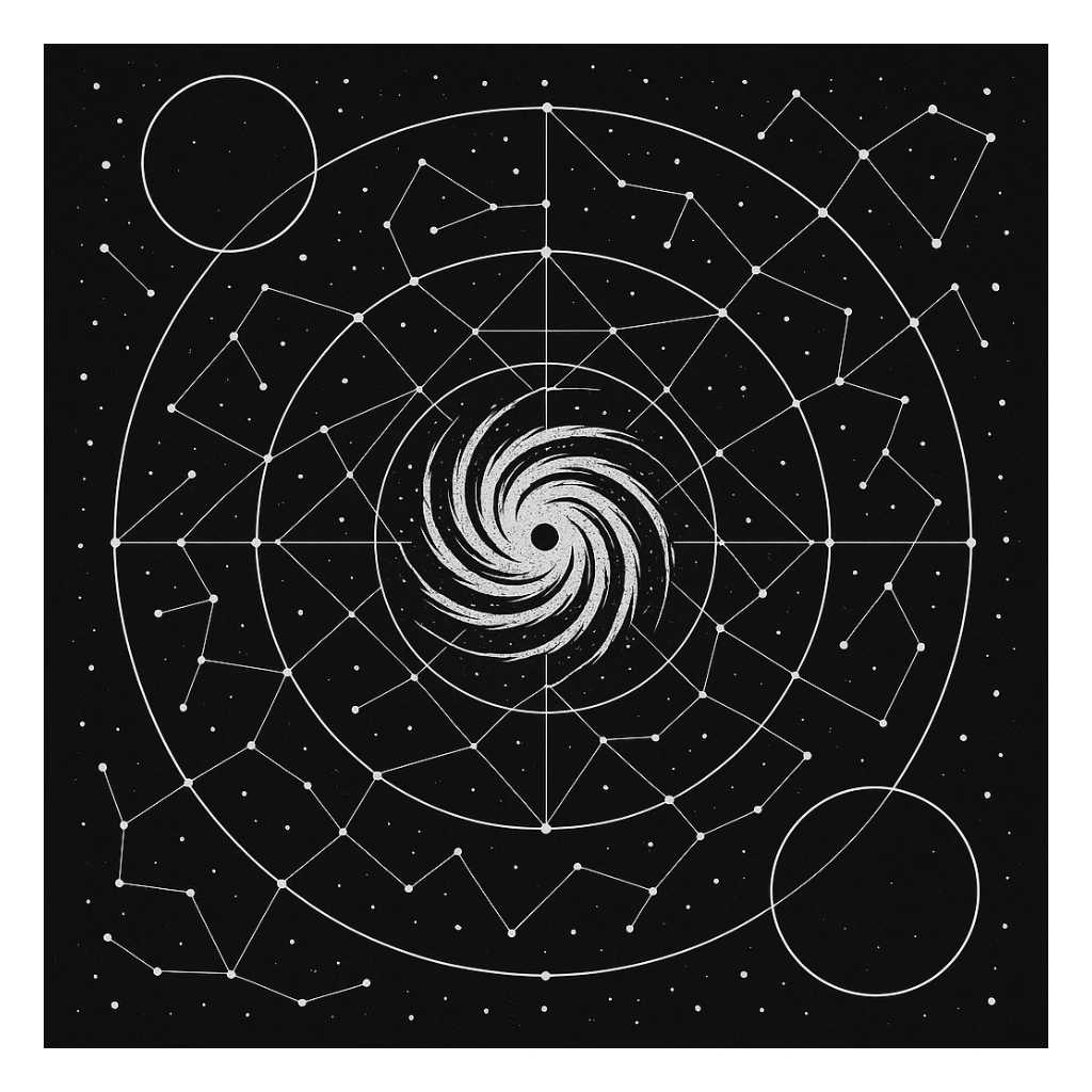 a design for an decorative black and white star map, showing linework of galactic spheres and a constellated ley lines. matrix map. black linework. neat and minimal design, showing expanse and hazards deep into space beyond the galactic core, large tattoo design

 sticker