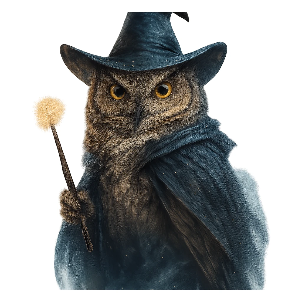 A wizard owl, magical, wearing a pointed hat, holding a wand, detailed feathers, mystical atmosphere. sticker