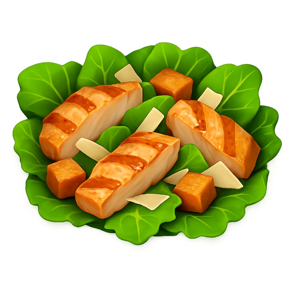 Используя такую же стилистику картинки сгенерируй Салат Цезарь кусочками курицы, прозрачный фон sticker