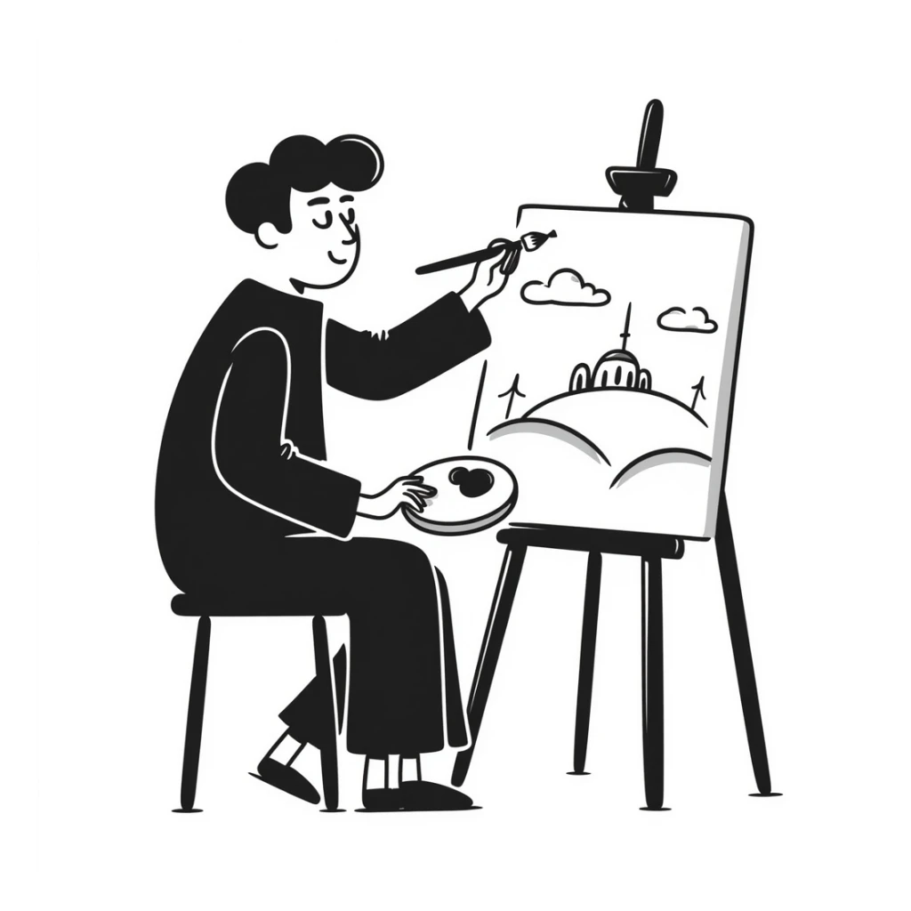 Kamal-ol-molk, Iranian painter, hand-drawn doodle style, sketching on a canvas sticker