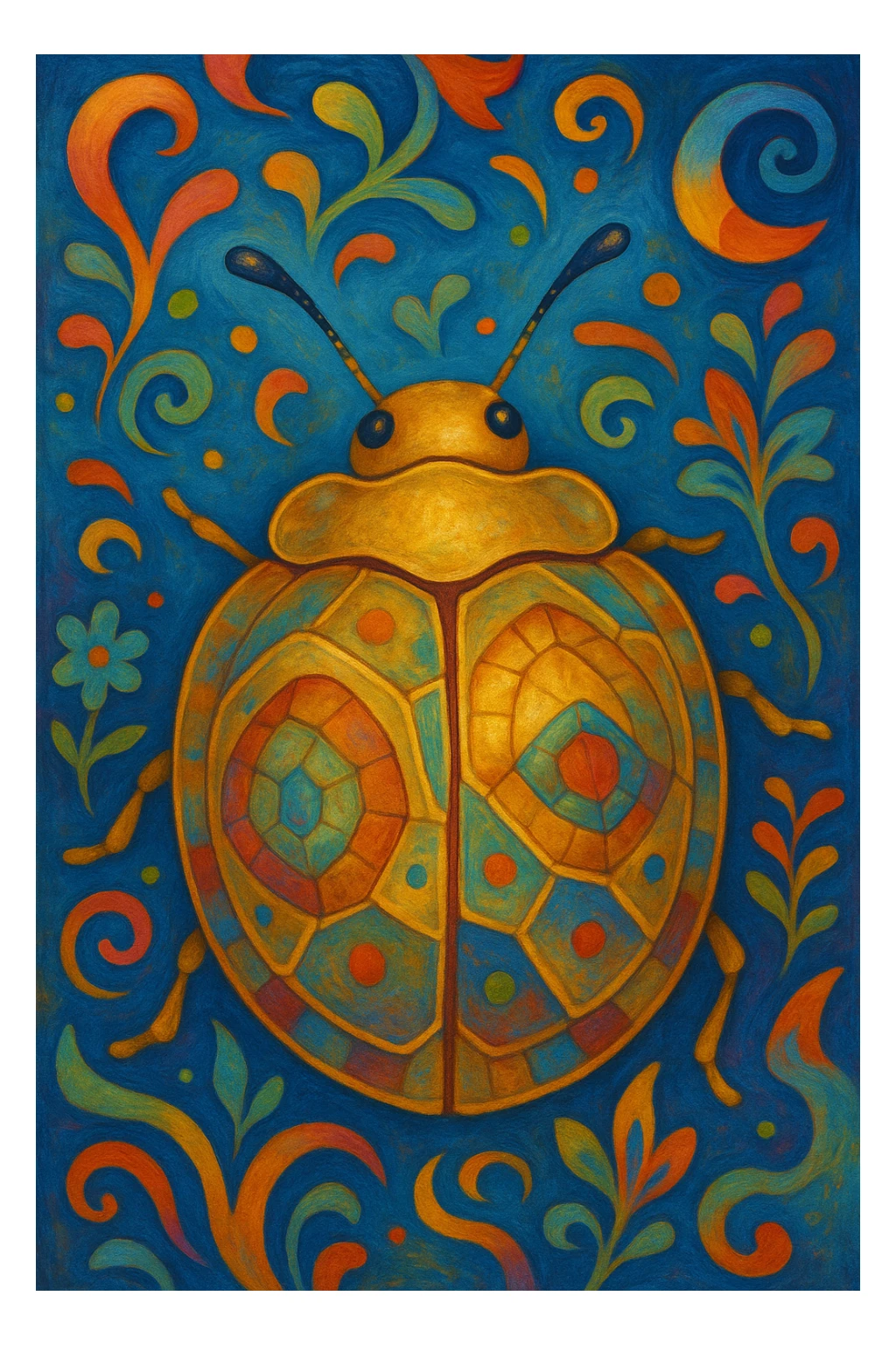 Golden Tortoise Beetle with a tortoise shell-like carapace, whimsical and abstract surreal art style, playful shapes, vibrant colors, imaginative and dreamlike sticker