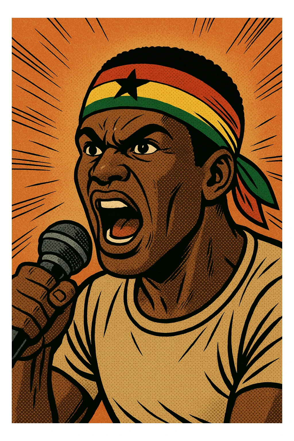 comic book style talking head, wearing a Ghana flag headband, yelling into a microphone, dynamic pose, dramatic shading sticker