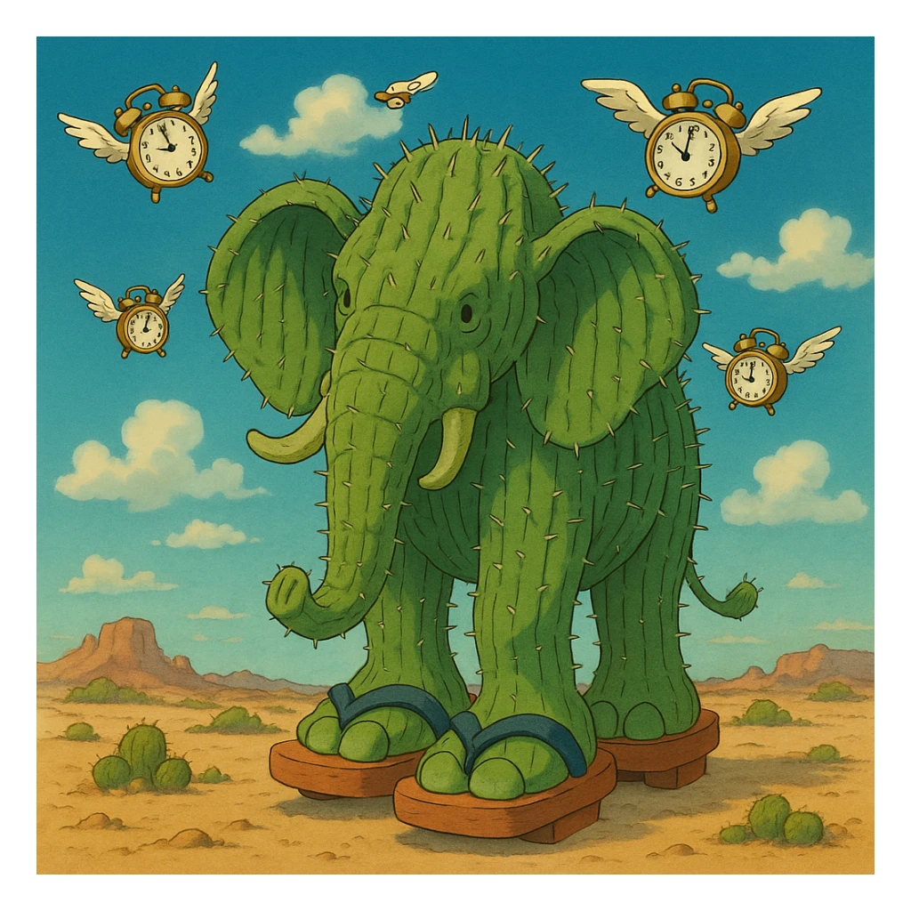 giant cactus elephant wearing huge sandals in a desert with flying alarm clocks in the sky, inspired by Lyriq LaRue from Super Brainrot sticker