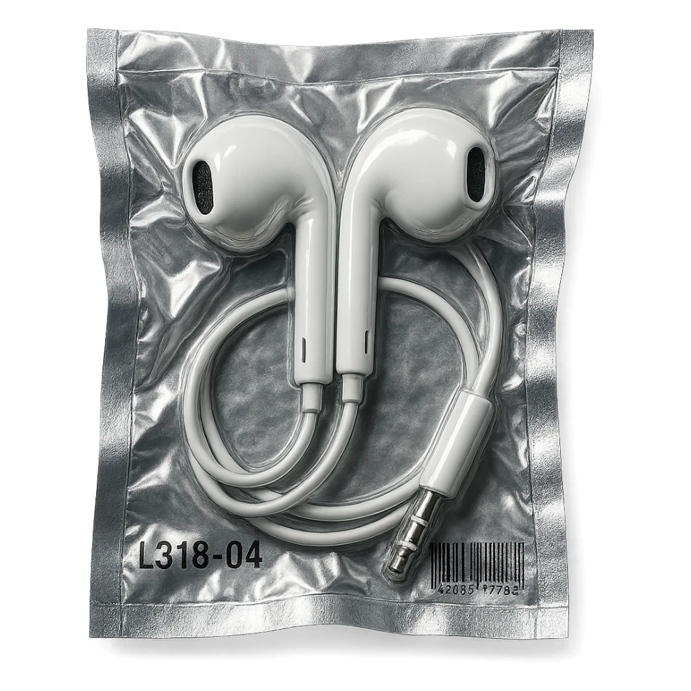 white EarPods with cable, shiny and puffy, no background sticker