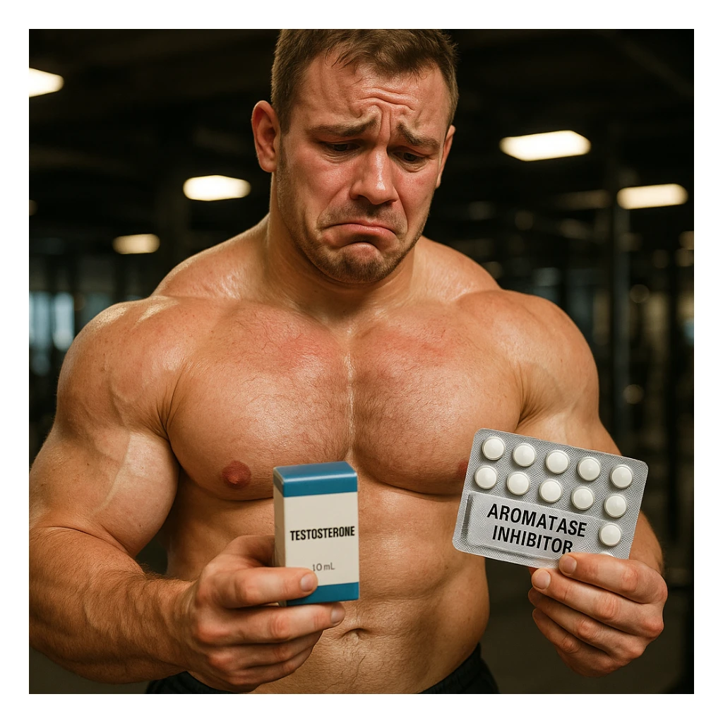 realistic beginner bodybuilder with swollen muscles holding box of testosterone and package of aromatase inhibitor, regretful expression, red skin, gym background, 4K quality sticker