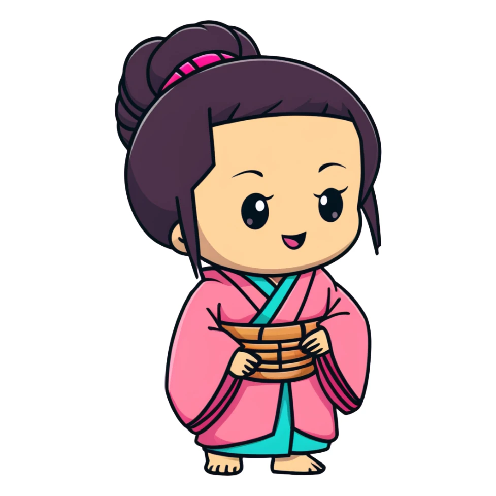 chibi Nezuko with pink kimono and bamboo muzzle in her mouth sticker