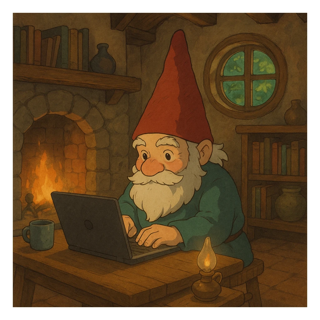 a gnome at a laptop, with a cozy, fantasy-inspired setting sticker