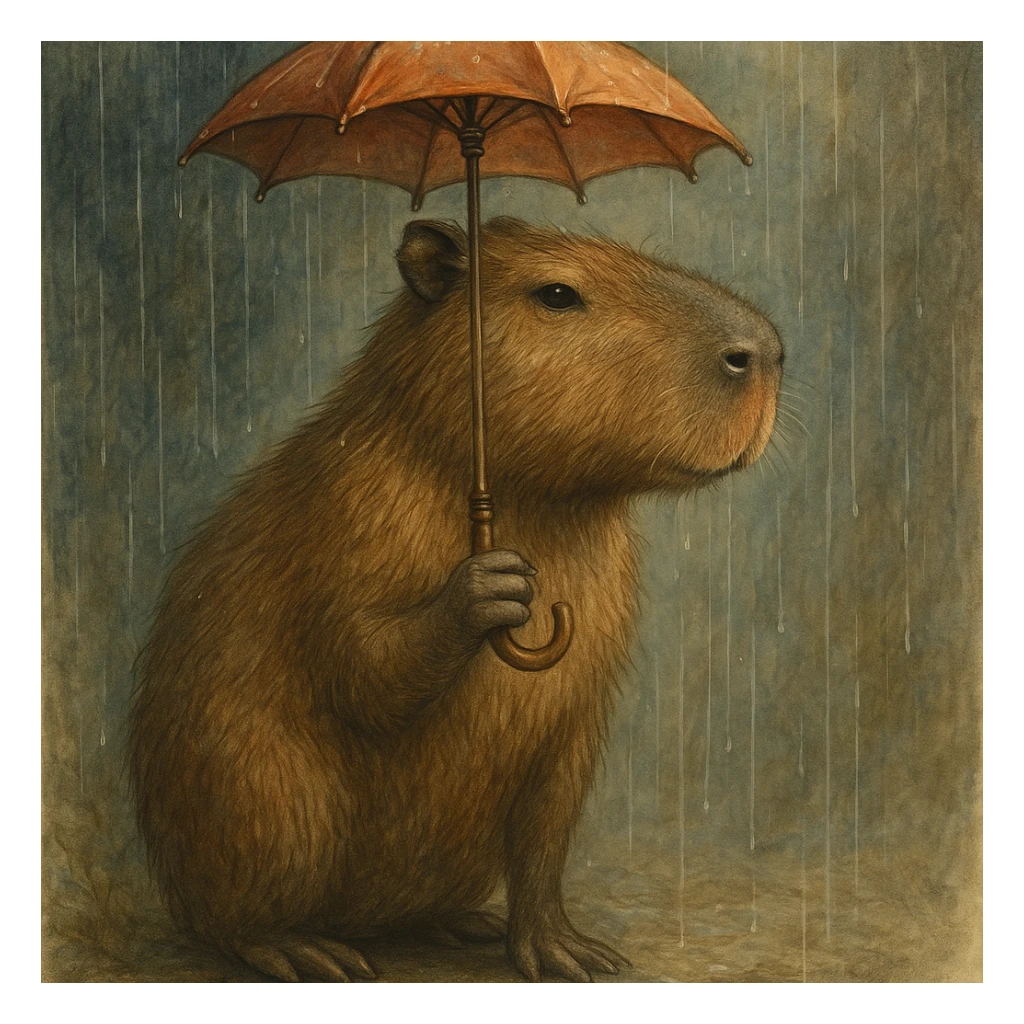 capybara holding a tiny umbrella in the rain, style 1, detailed, artistic sticker