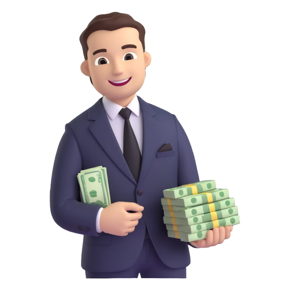 billionaire character wearing a suit and tie with a confident smile holding a stack of money or gold sticker