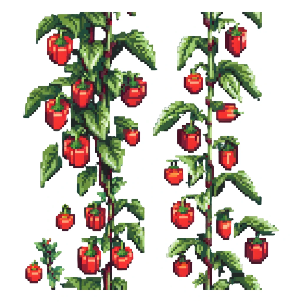Green pepper plant with bright red bell peppers growing on stems sticker