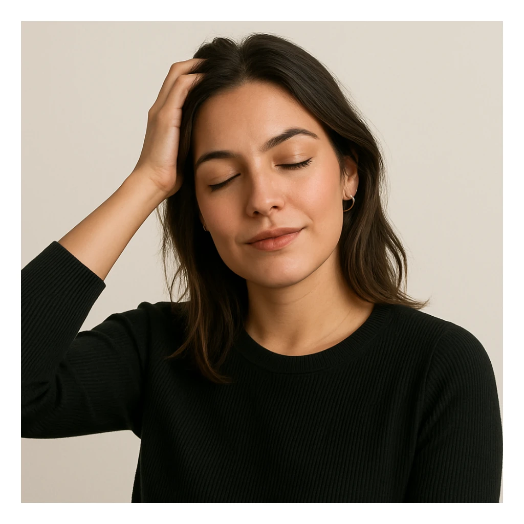 woman with hand on head, relaxed, modern look, clean background sticker