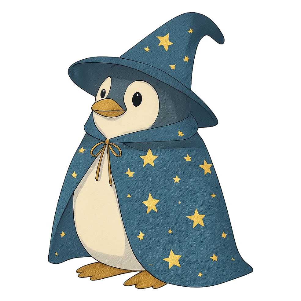 penguin wizard with a starry cloak and pointed hat sticker
