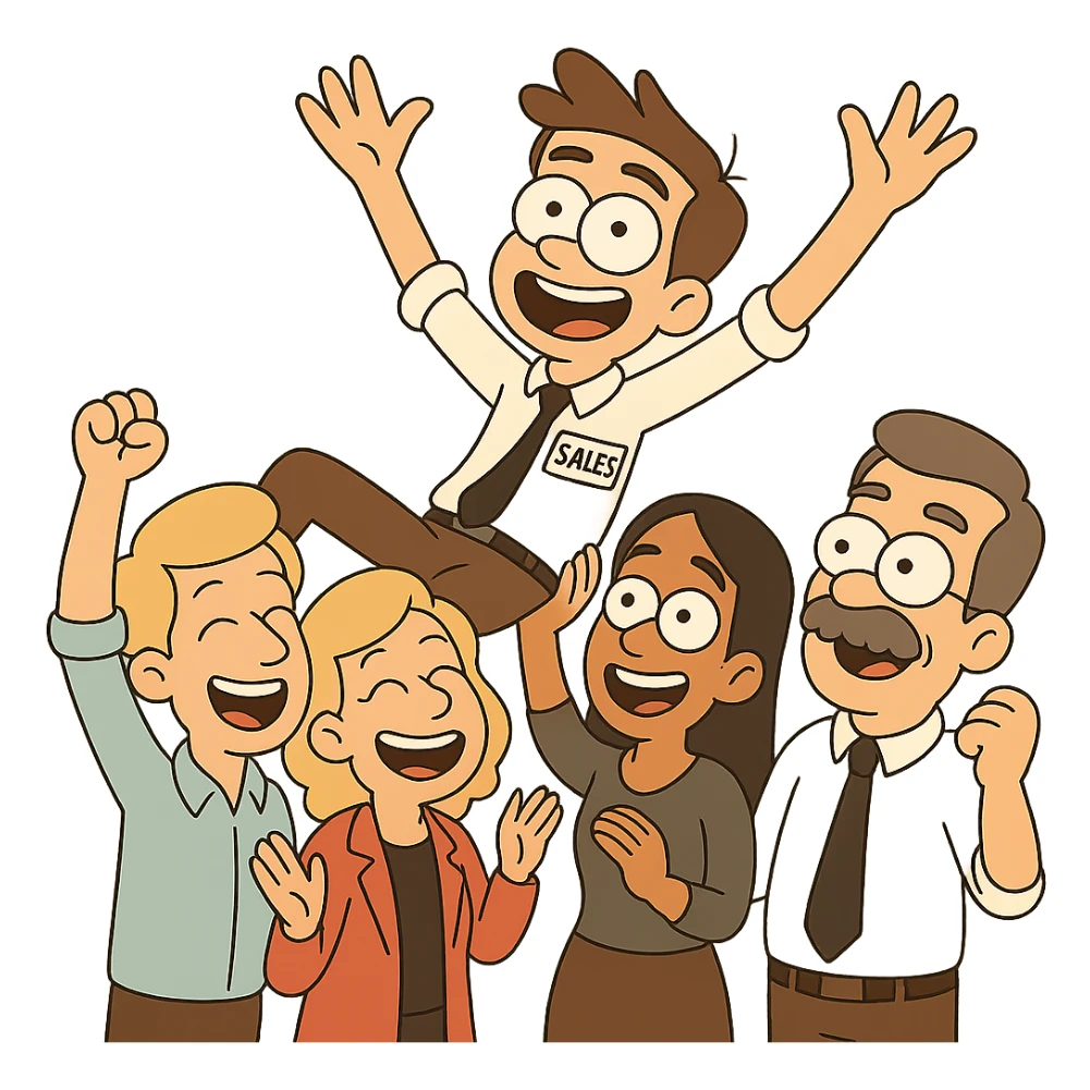 Remove the background from the image. Add a visible 'Sales' tag to the main guy being celebrated. Change the darker-skinned, bald guy on the bottom left to a blond, pale guy. Keep the cartoonish office celebration style consistent. sticker