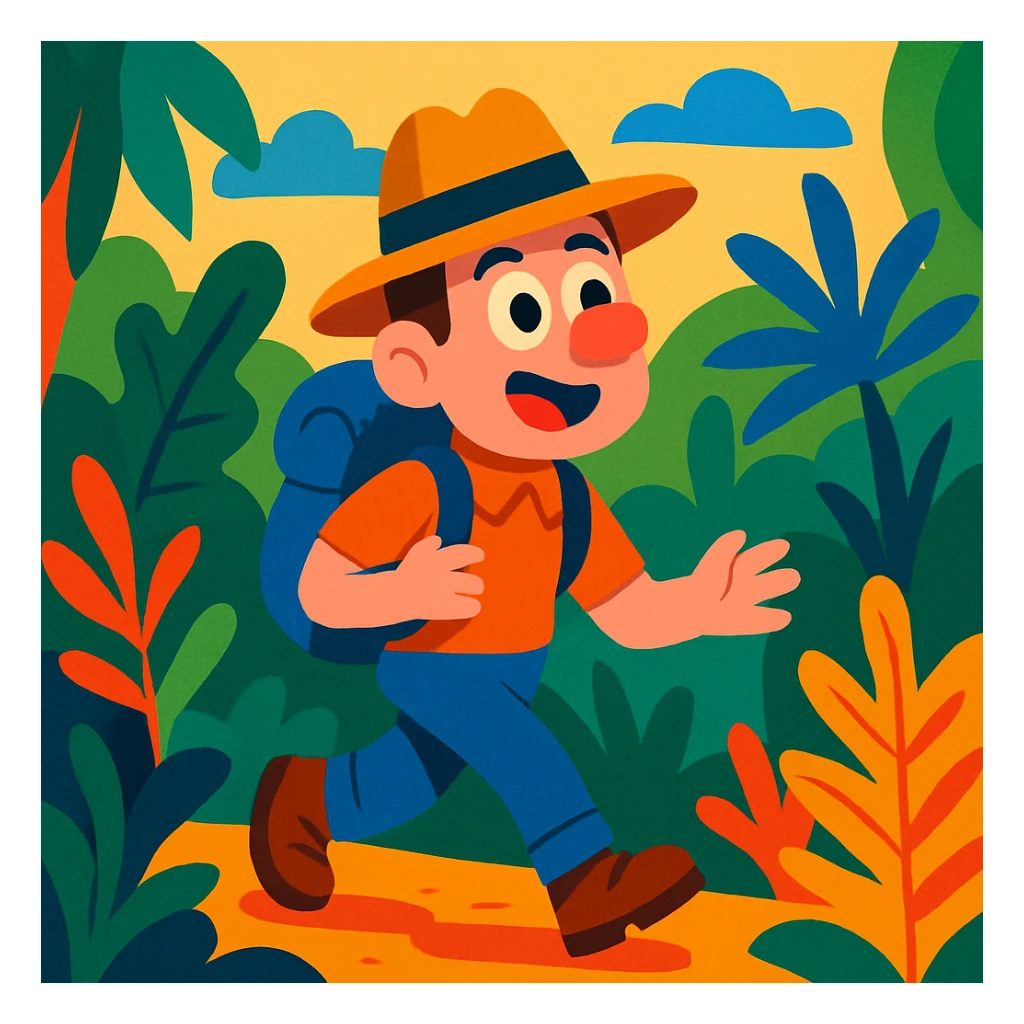 cartoon explorer with a hat and backpack, vibrant colors, jungle setting sticker