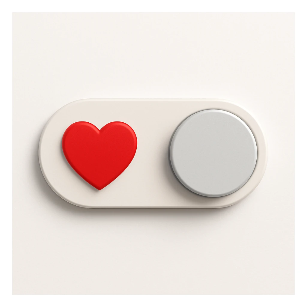 Make the toggle switch button more realistic with a 3D effect and soft shadows. Include a bright red heart on the left and a light gray circle on the right, all on a white background. The design should be modern and realistic, matching the reference photo. sticker