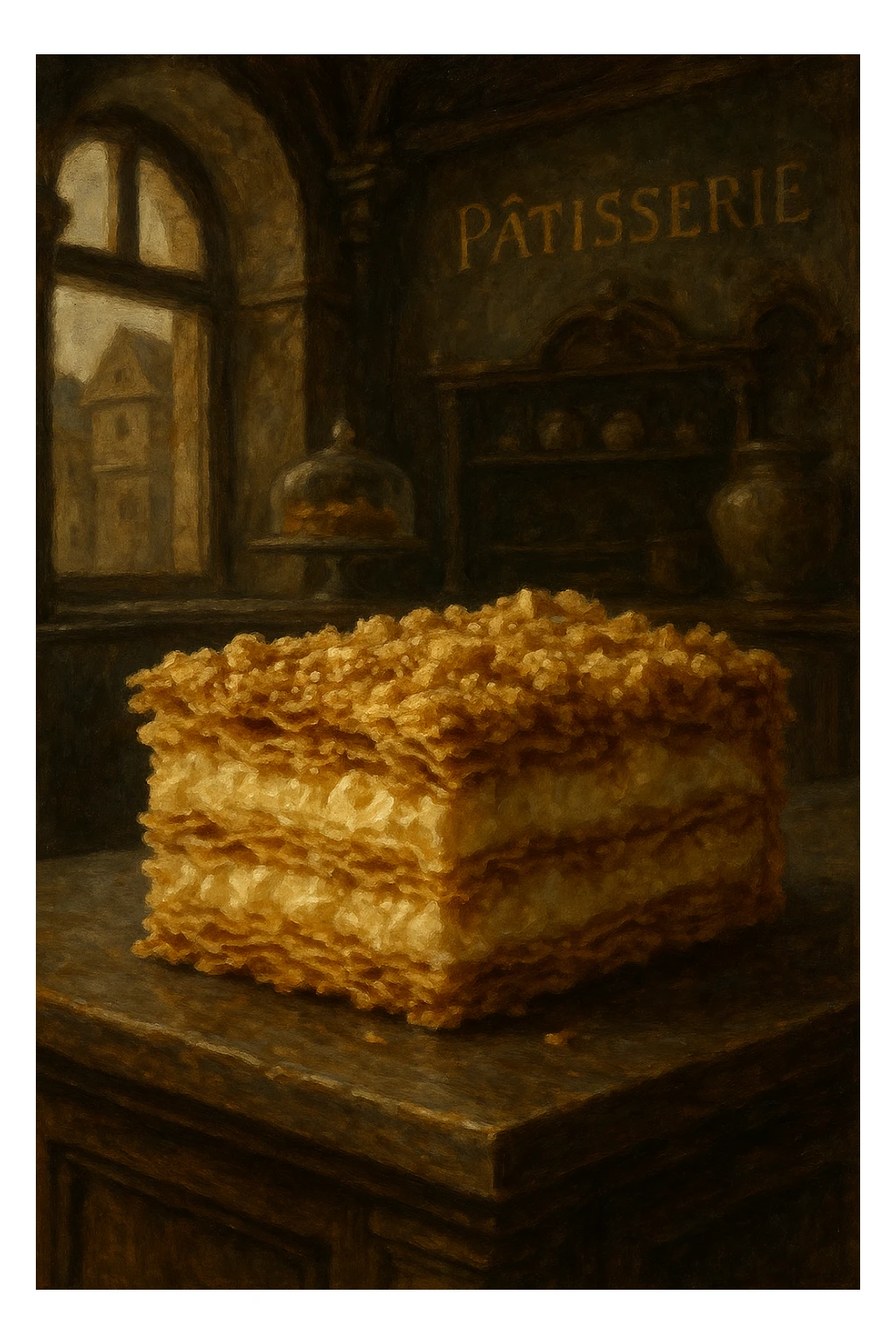 Сгенерируй мне кусочек пироженного наполеон, крупным планом, оно находиться в винтажной французкой кондитерской на витрине, вайб средневековья. в стиле реалистичной живописи sticker